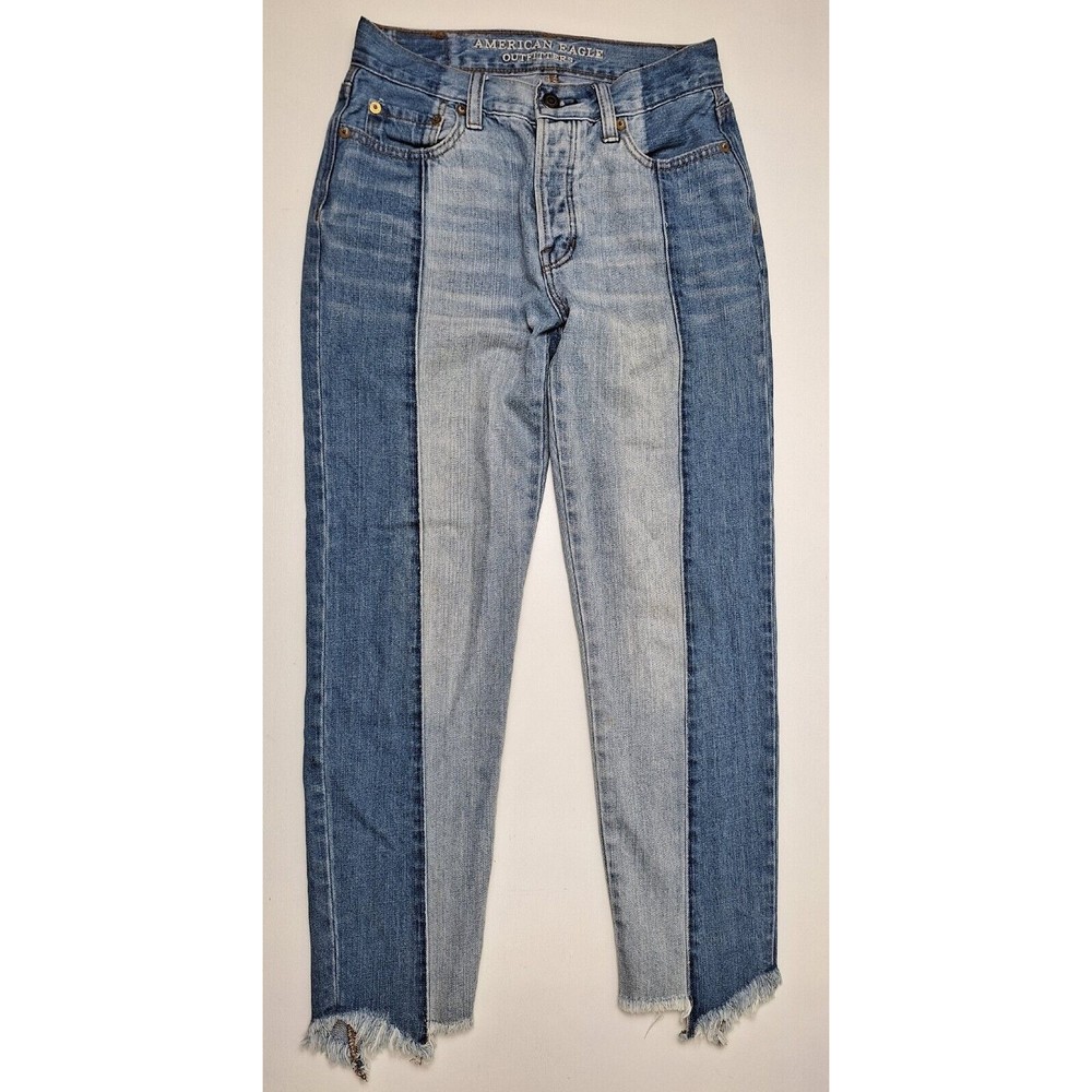 American Eagle Vintage Hi-Rise Jeans Women's Blue Two Tone Button Fly Crop-Sz 0